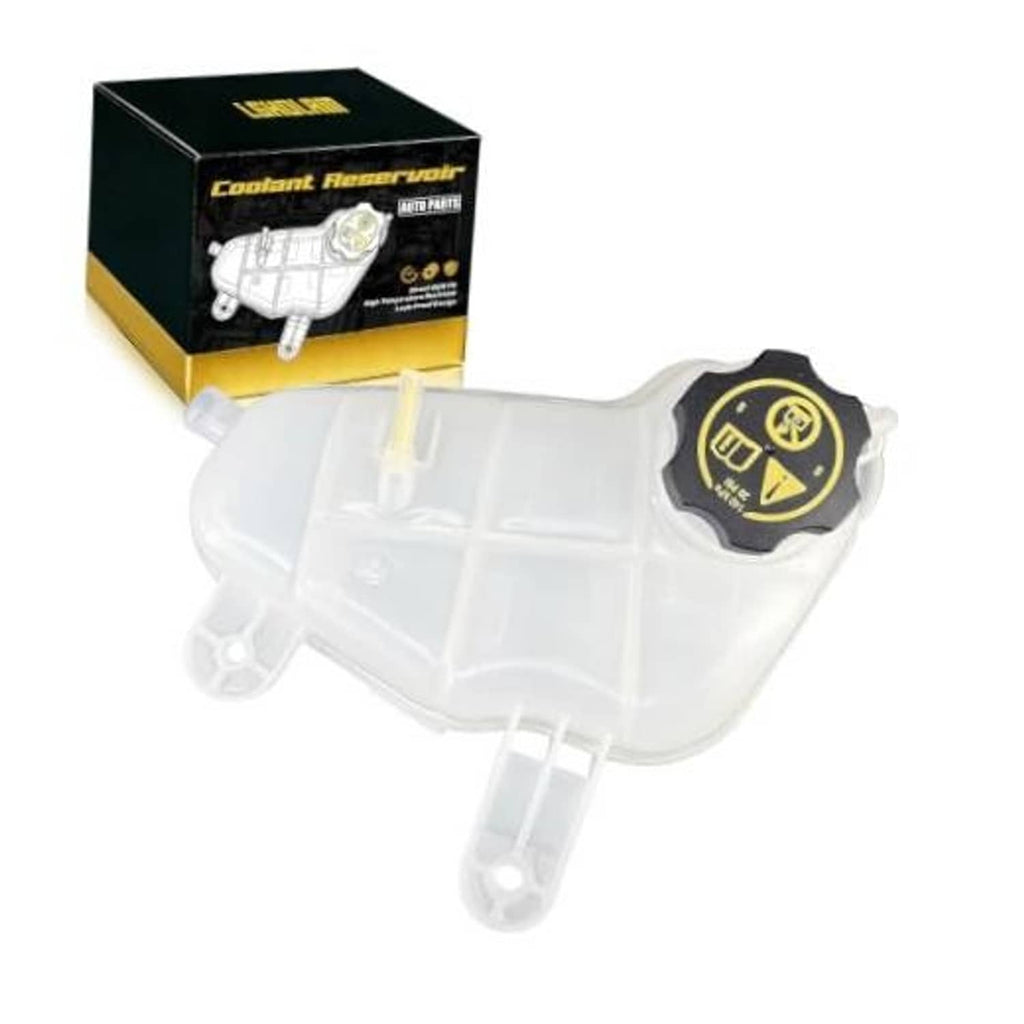 Coolant overflow reservoir tank, translucent white body with black cap for engine coolant