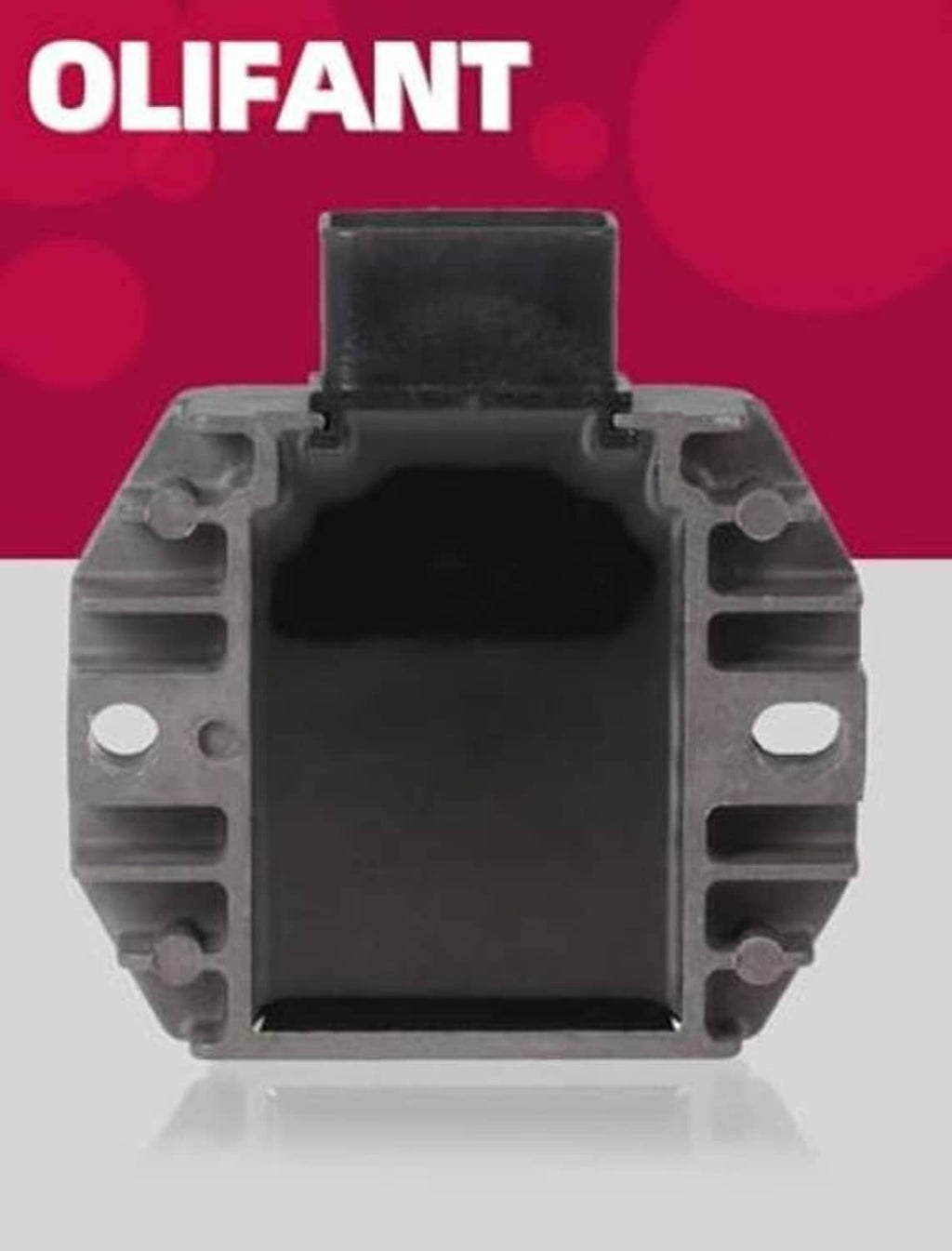 Voltage regulator rectifier housing front with dark connector cavity and side mounting tabs