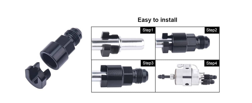 6AN fuel adapter kit with black fitting and installation step parts