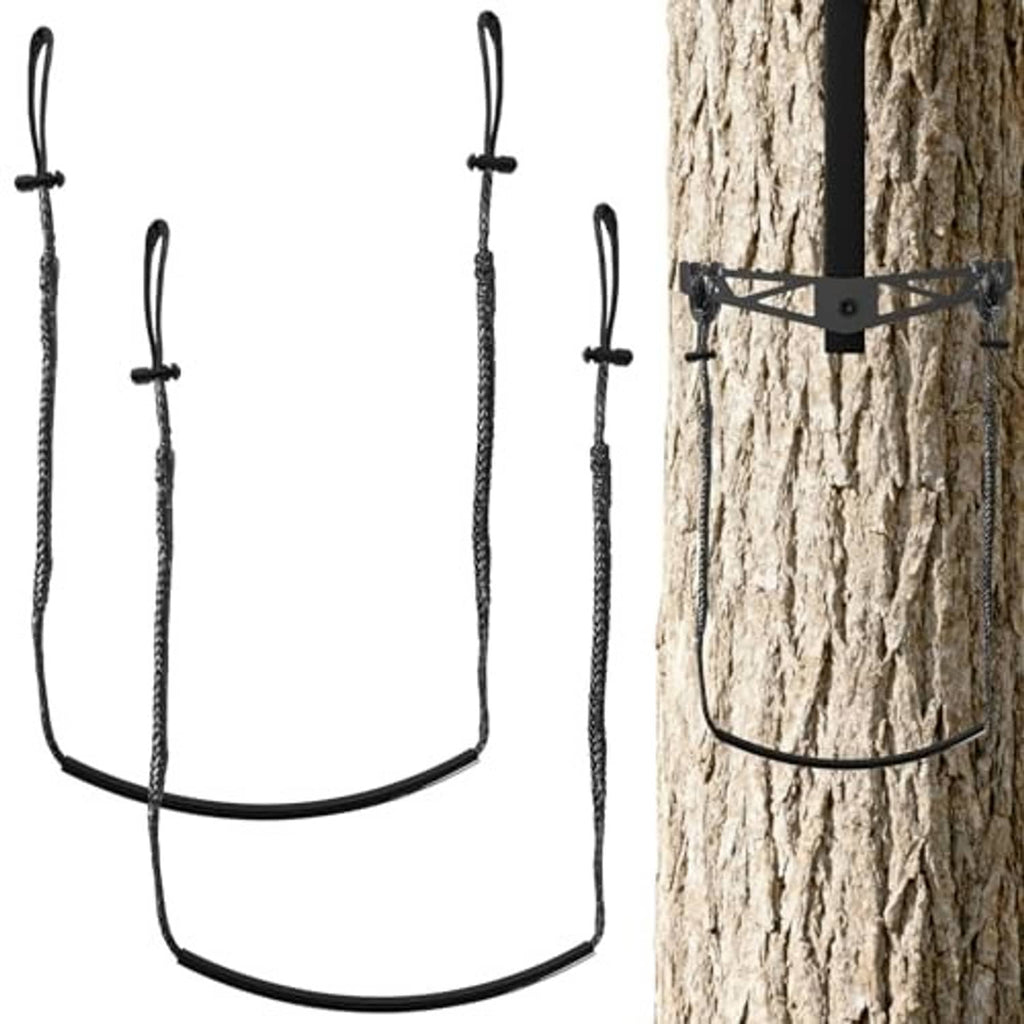 Two climbing stick aiders: black U-shaped cable loops with top rope latches