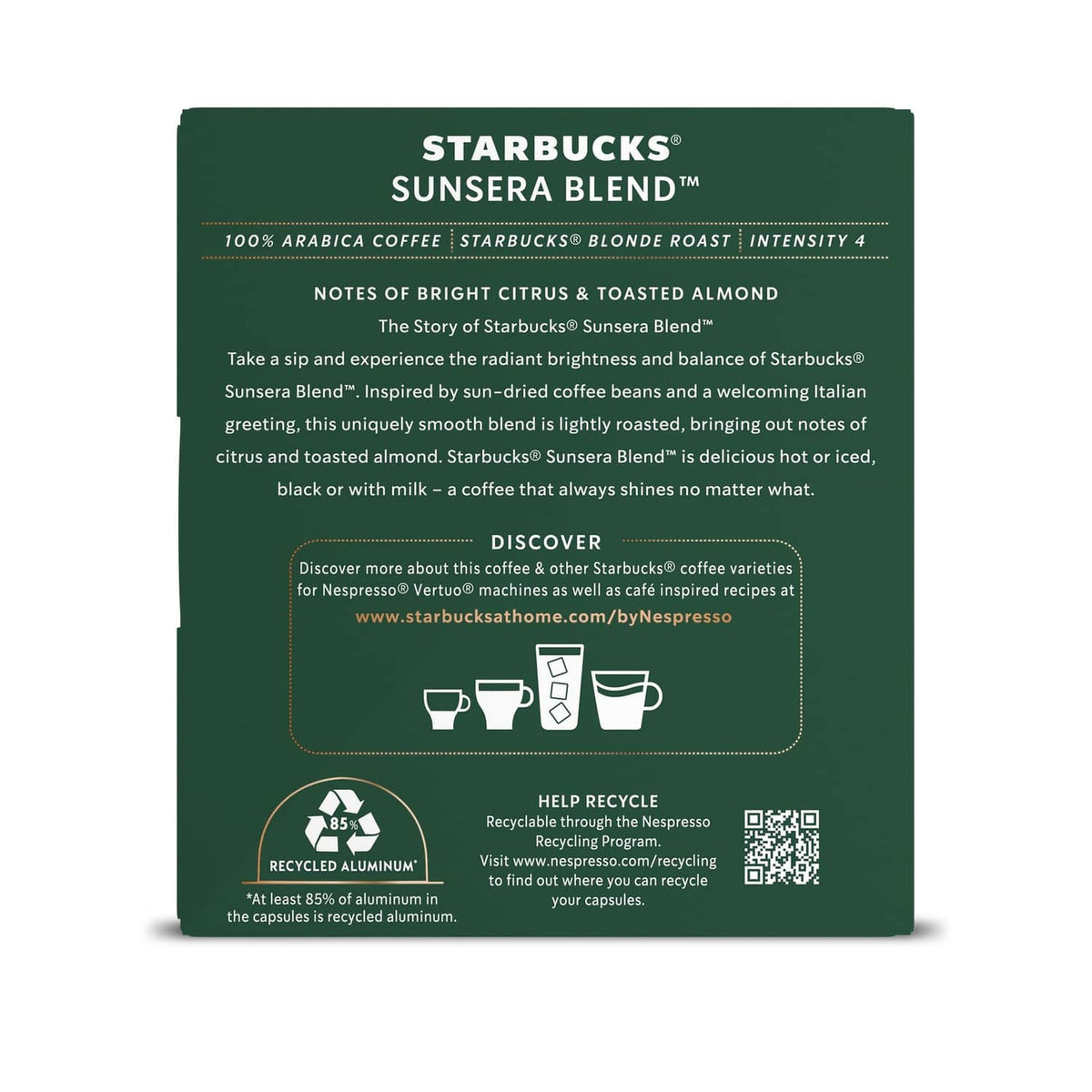 Starbucks Sunsera Blend Vertuo capsule box back with 100% Arabica and recycling details