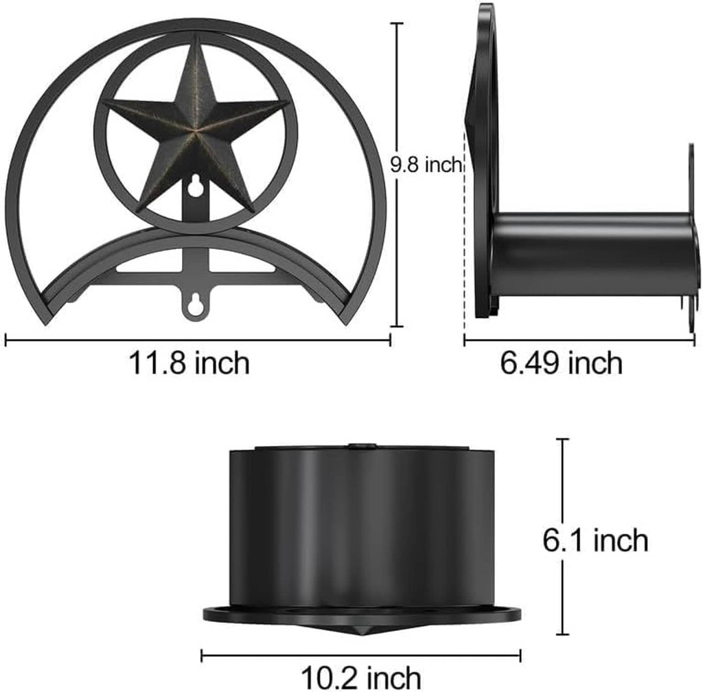 Black metal garden hose holder with star emblem, curved arms, and wall-mount bracket