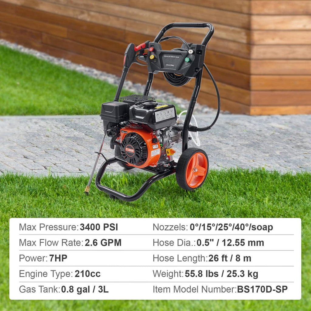 Gas pressure washer on grass with orange wheels, black frame, and orange 210cc engine