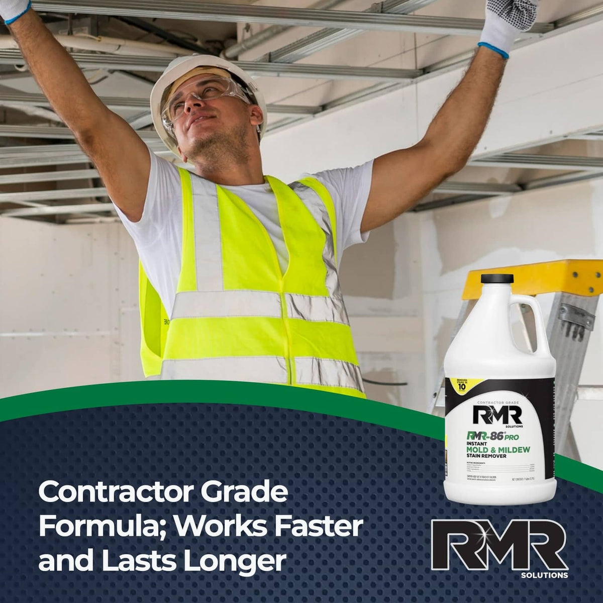 Contractor-grade stain remover bottle shown next to product branding on a blue panel