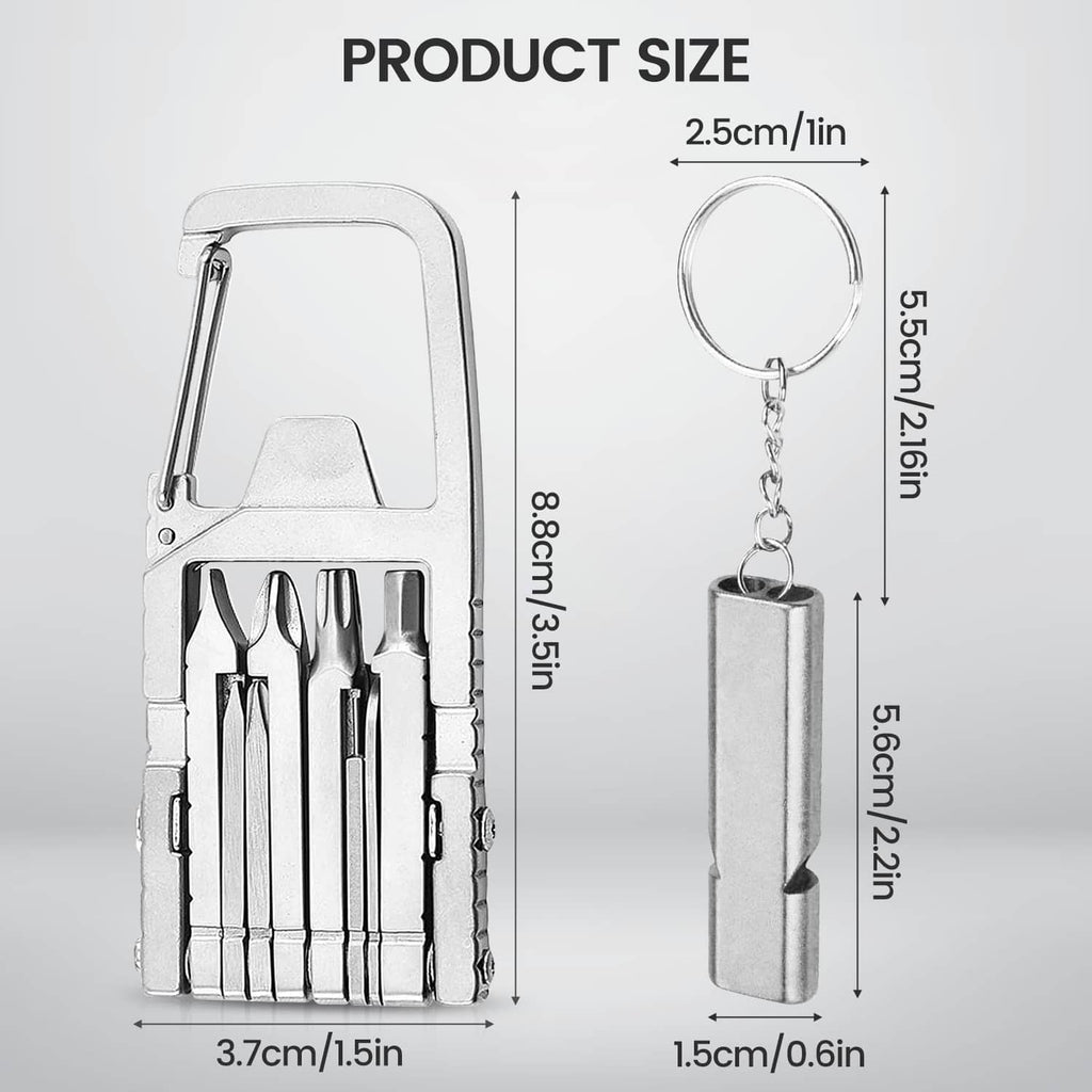 Stainless steel mini multi-tool keychain with hanging cylinder key ring and open tool head