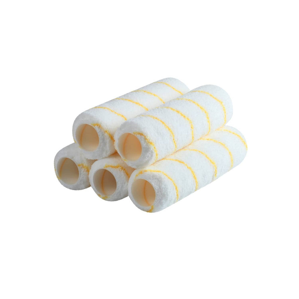 Five 9-inch paint roller covers, white foam with yellow trim stripes