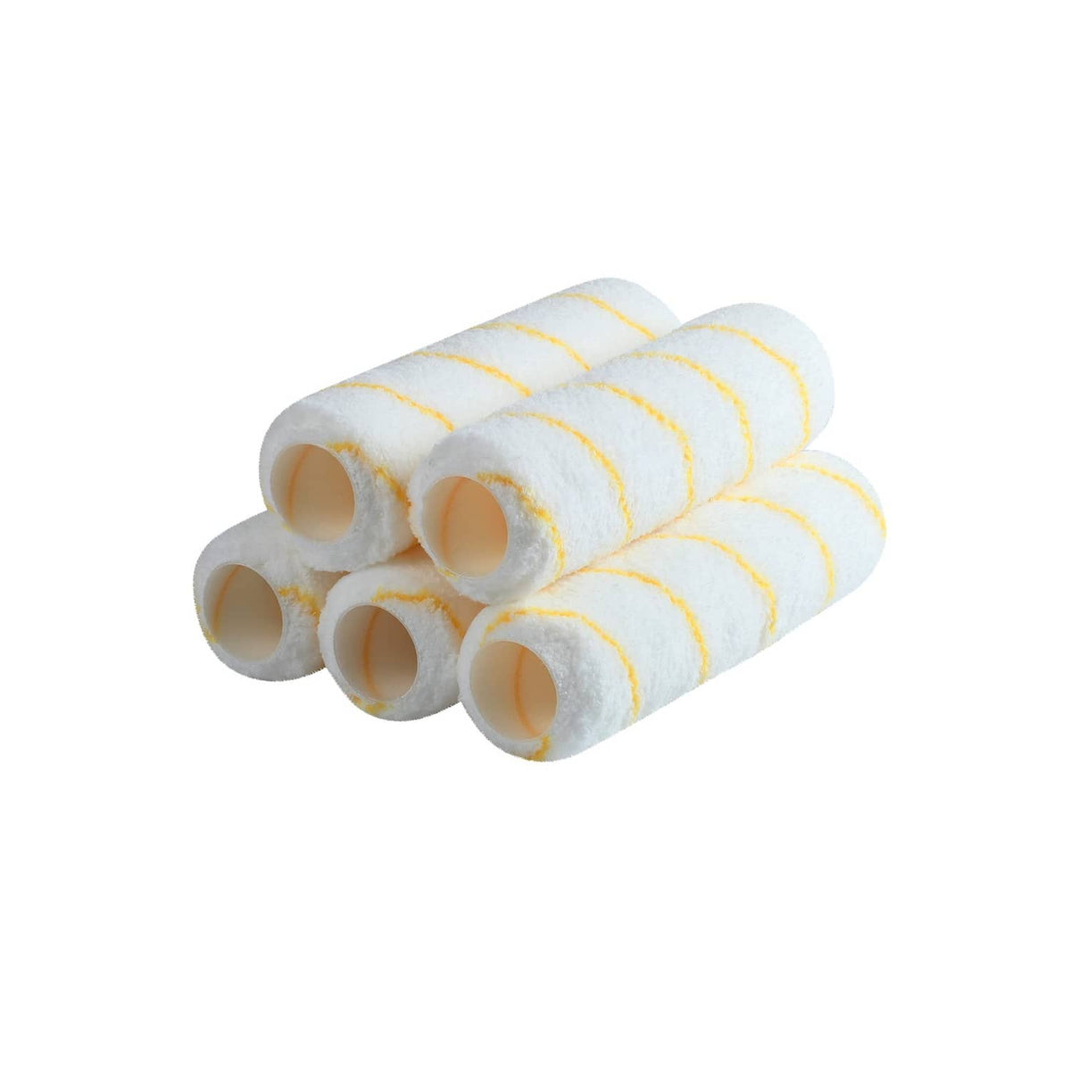 Five 9-inch paint roller covers, white foam with yellow trim stripes