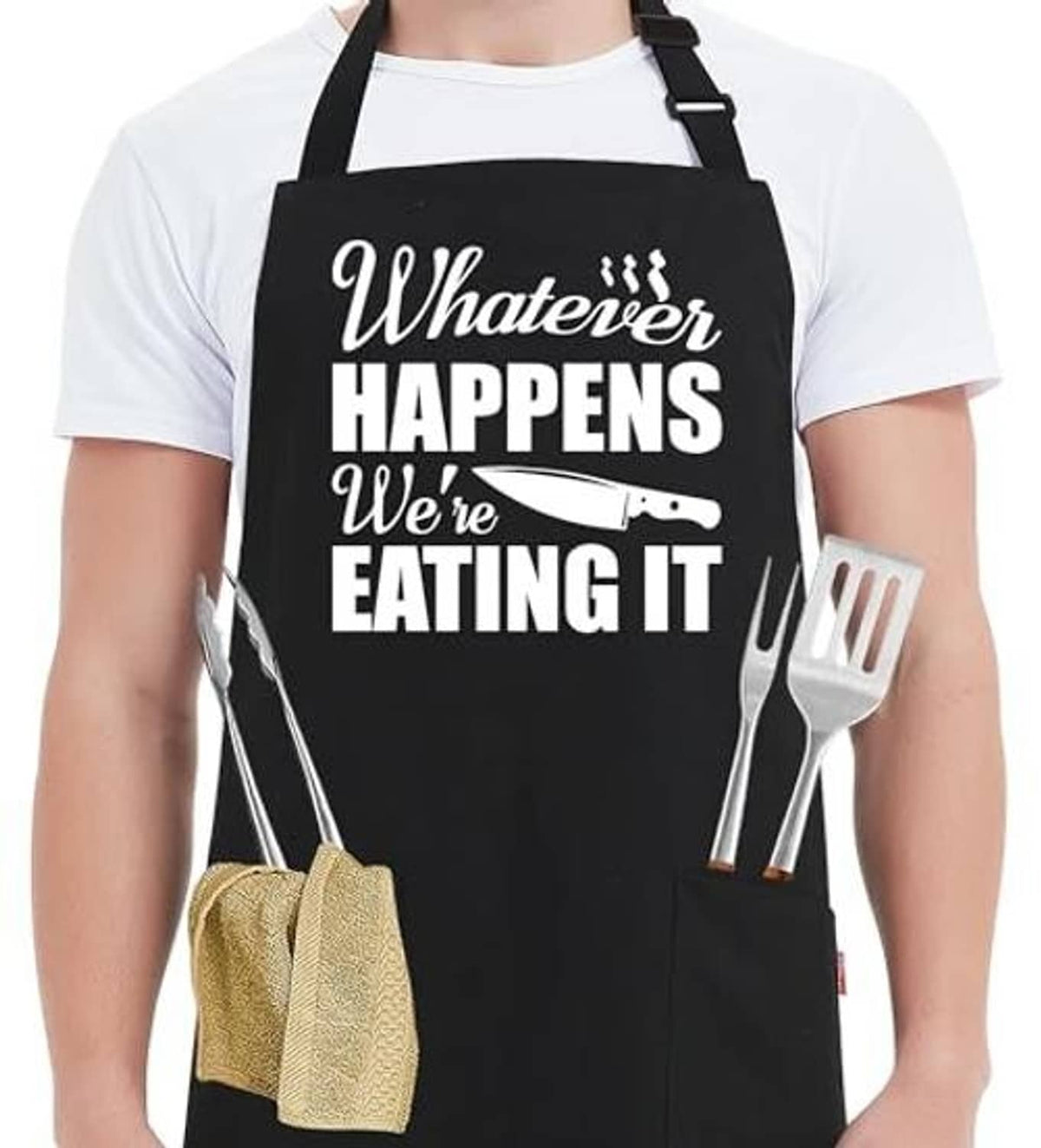 Men's black grill apron with fork and 'Whatever happens we're eating it' text graphic