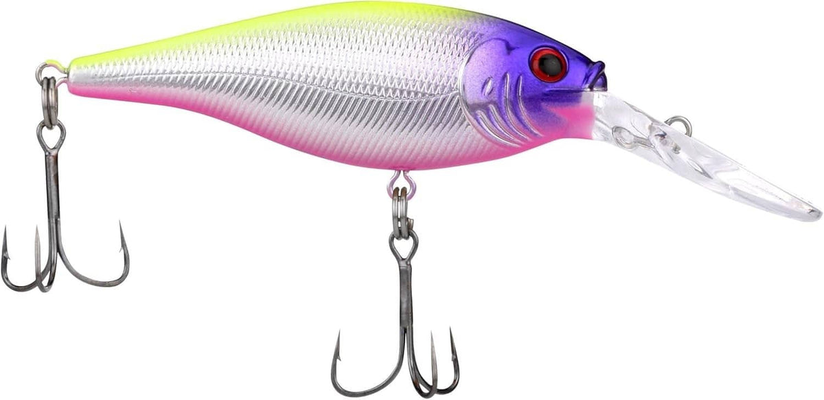 Chartreuse and purple crankbait fishing lure with pink underside, silver lip, 2 treble hooks