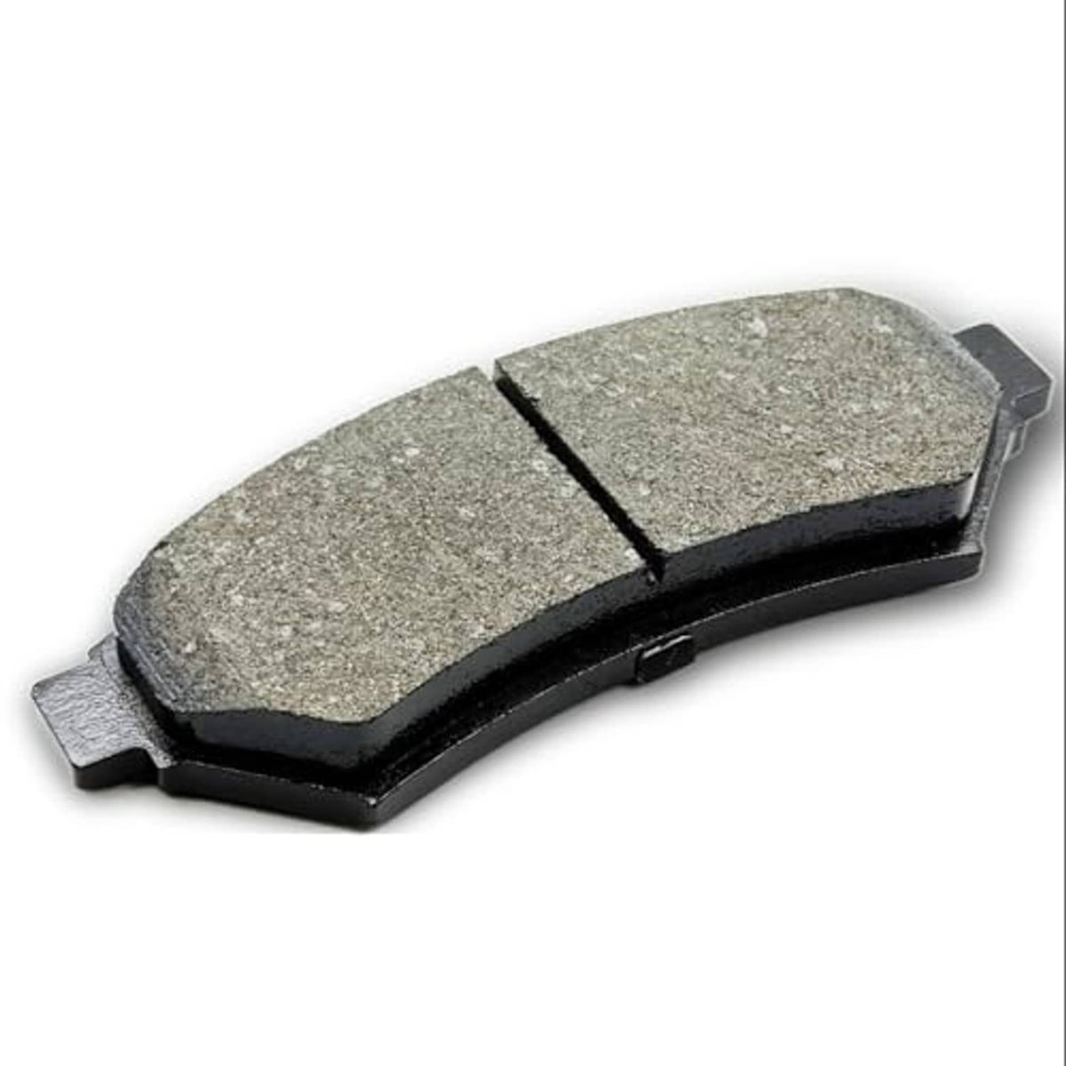 Ceramic brake pad with gray friction surface and black backing, angled view.