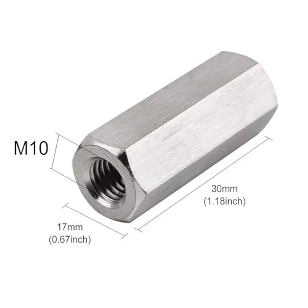M10 stainless steel hex coupling nut, 30mm length, internal threads