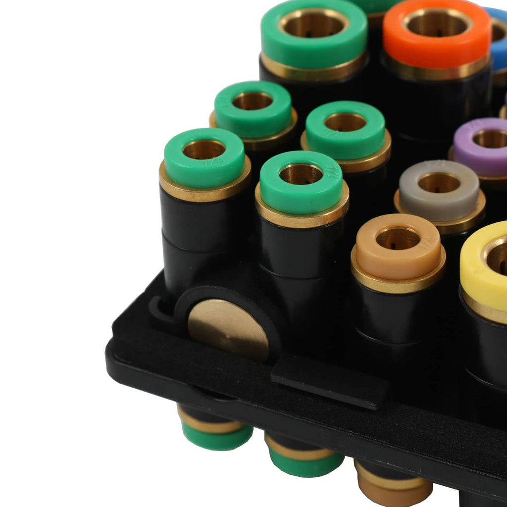 Air manifold side view with colored ports on black base and brass inserts