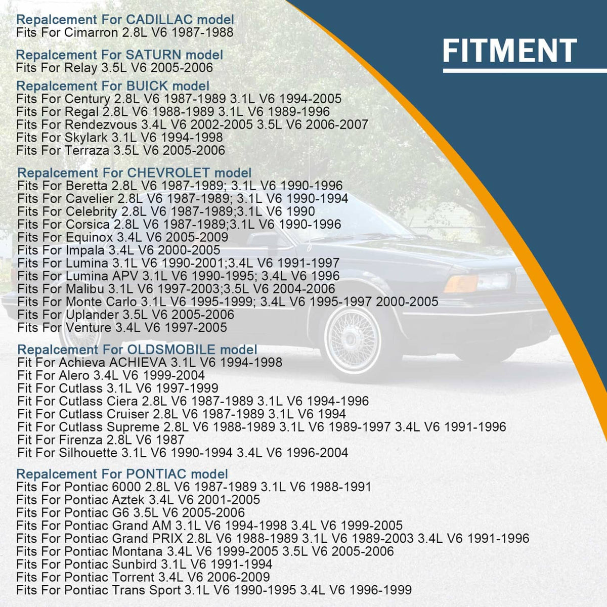 Water pump fitment list graphic with vehicle compatibility details