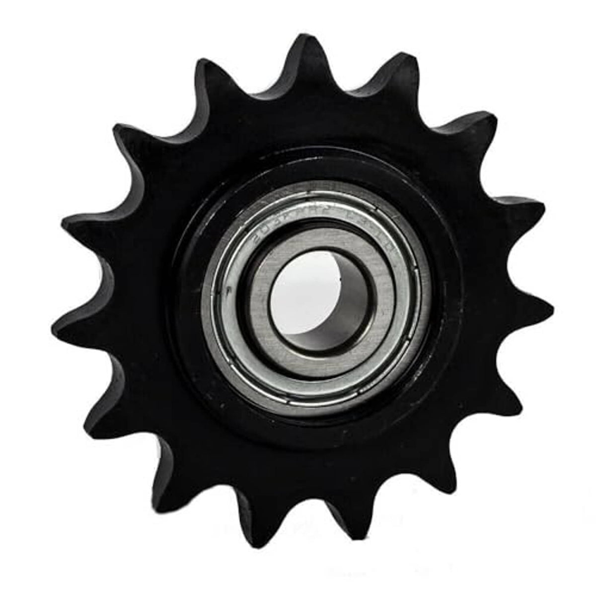 Black roller chain idler sprocket with 15 teeth and centered bearing bore