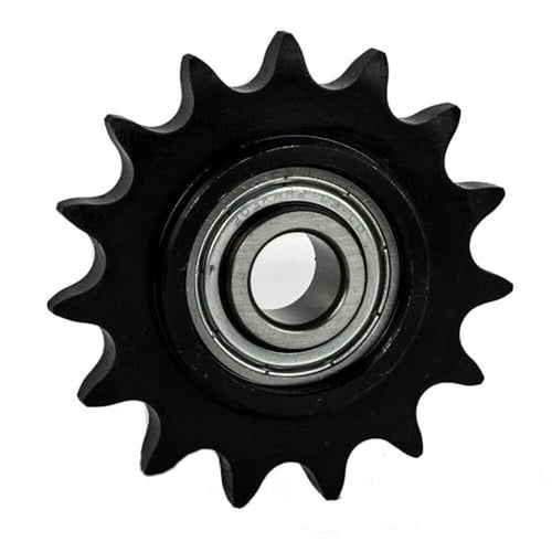 Black roller chain idler sprocket with 15 teeth and centered bearing bore