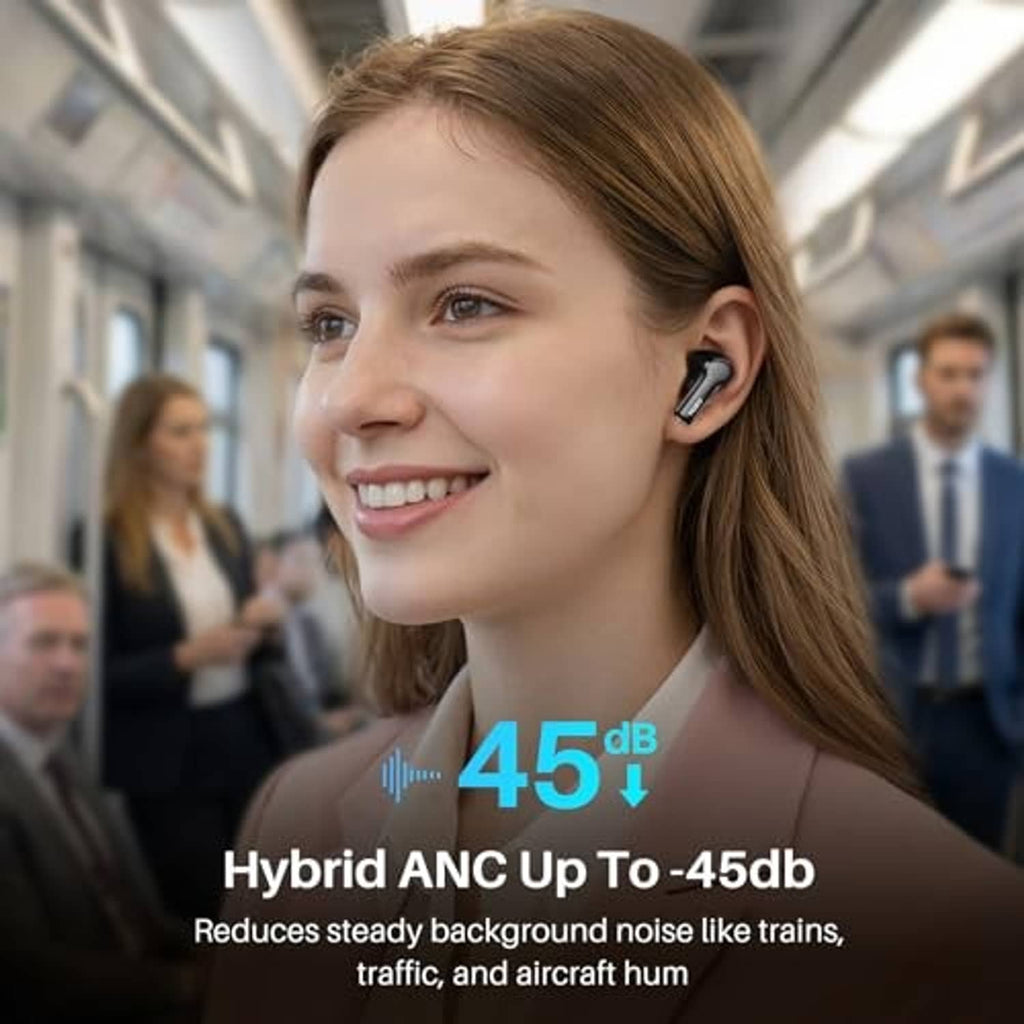 Woman wearing black wireless earbuds in her ear with ANC-style sound indicator