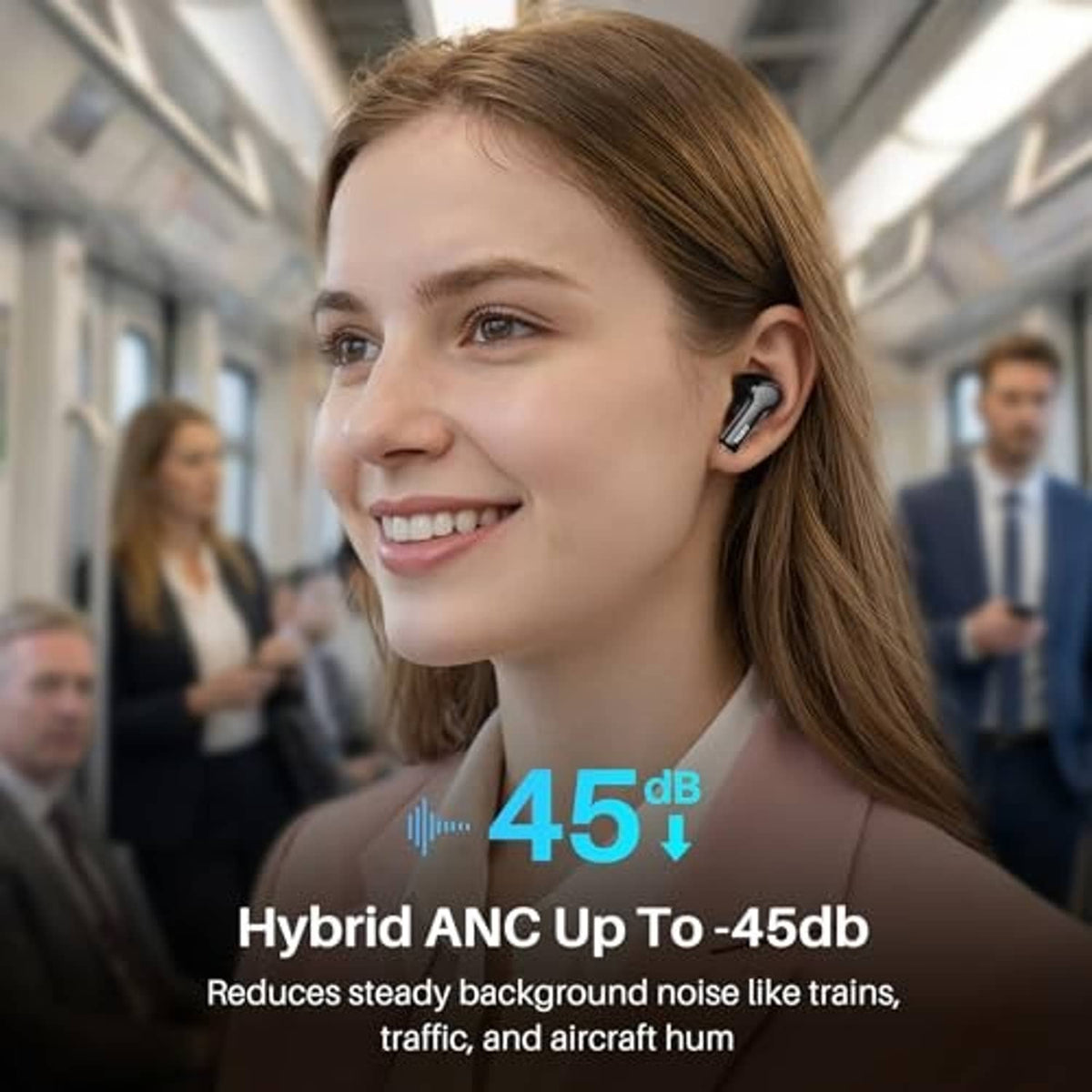 Woman wearing black wireless earbuds in her ear with ANC-style sound indicator
