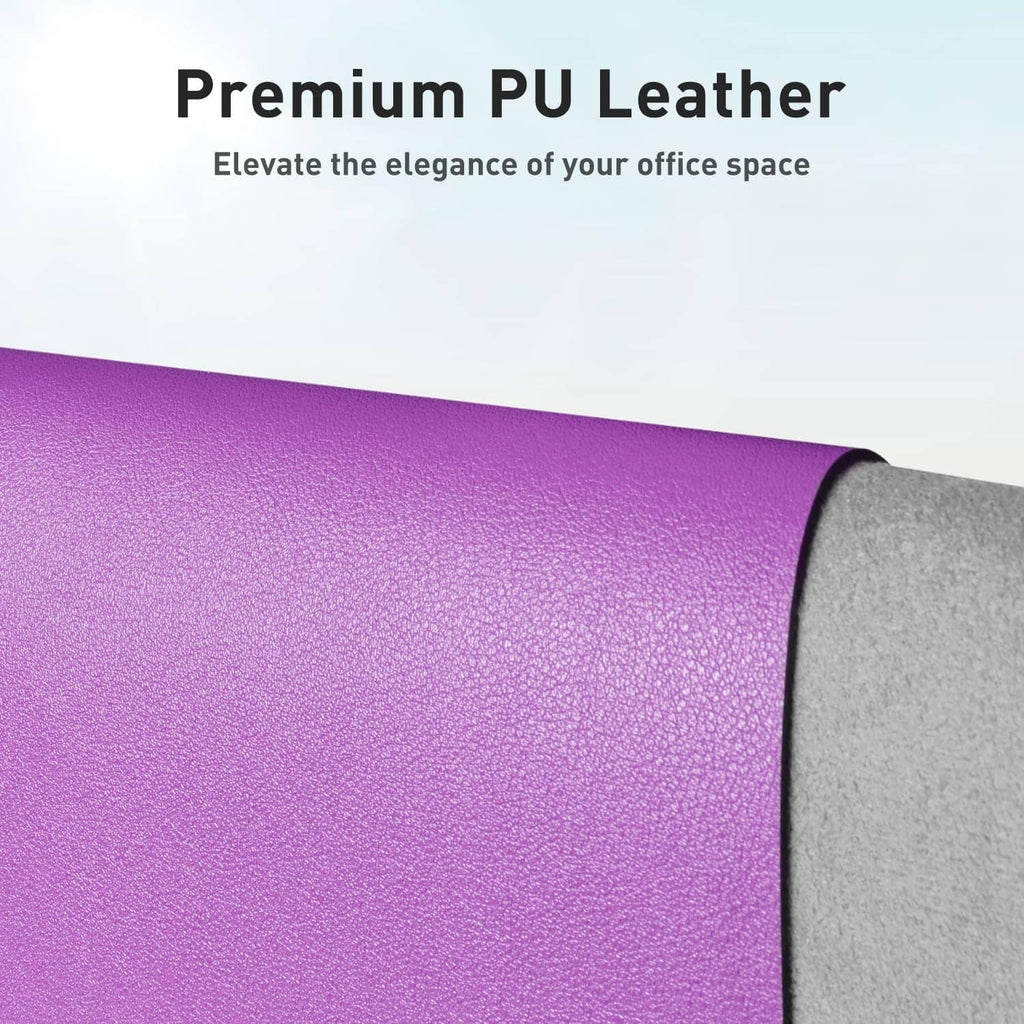 Close-up of purple PU leather desk pad texture with curved corner