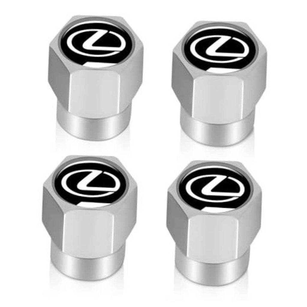 Silver hex tire valve stem caps with Lexus logo, set of four