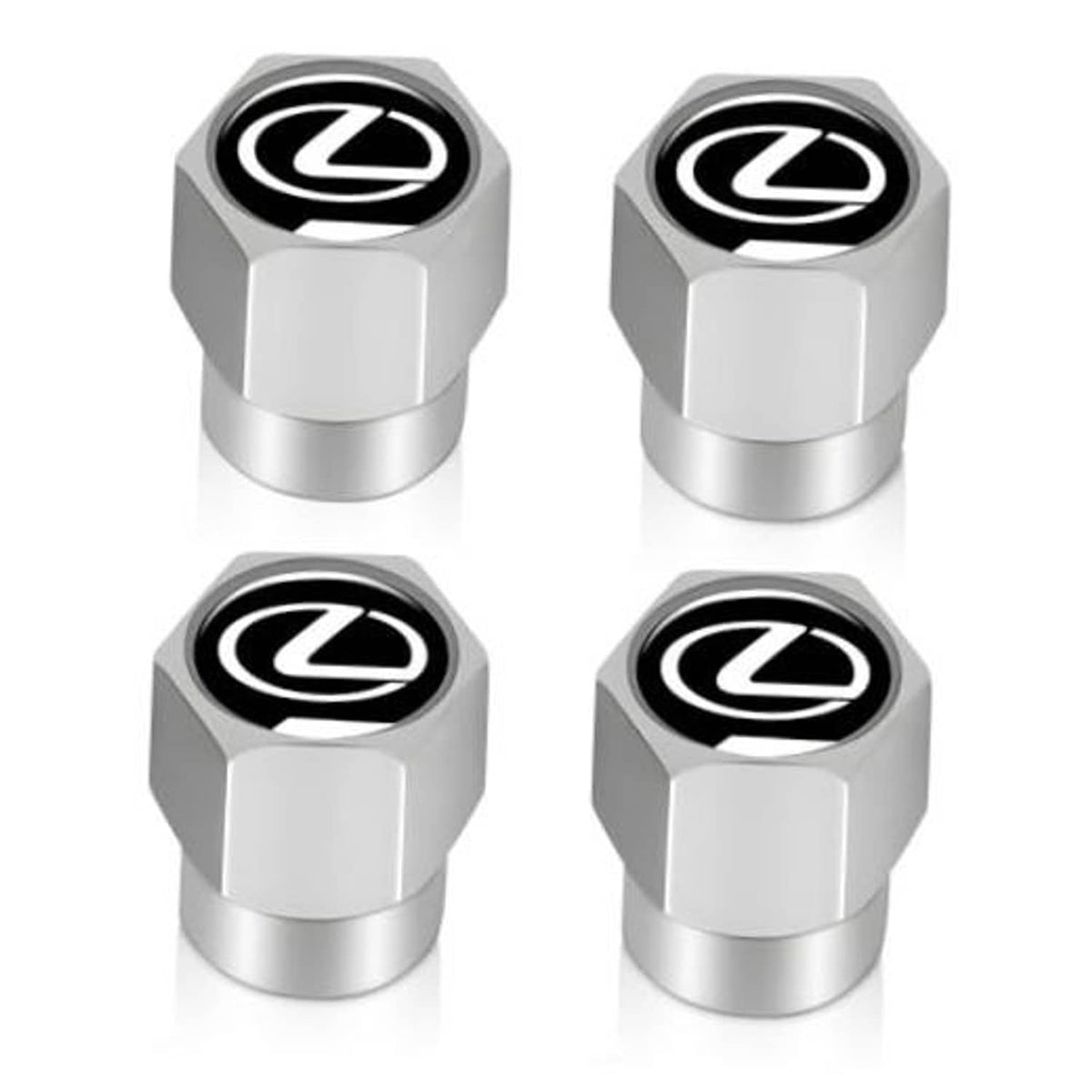 Silver hex tire valve stem caps with Lexus logo, set of four