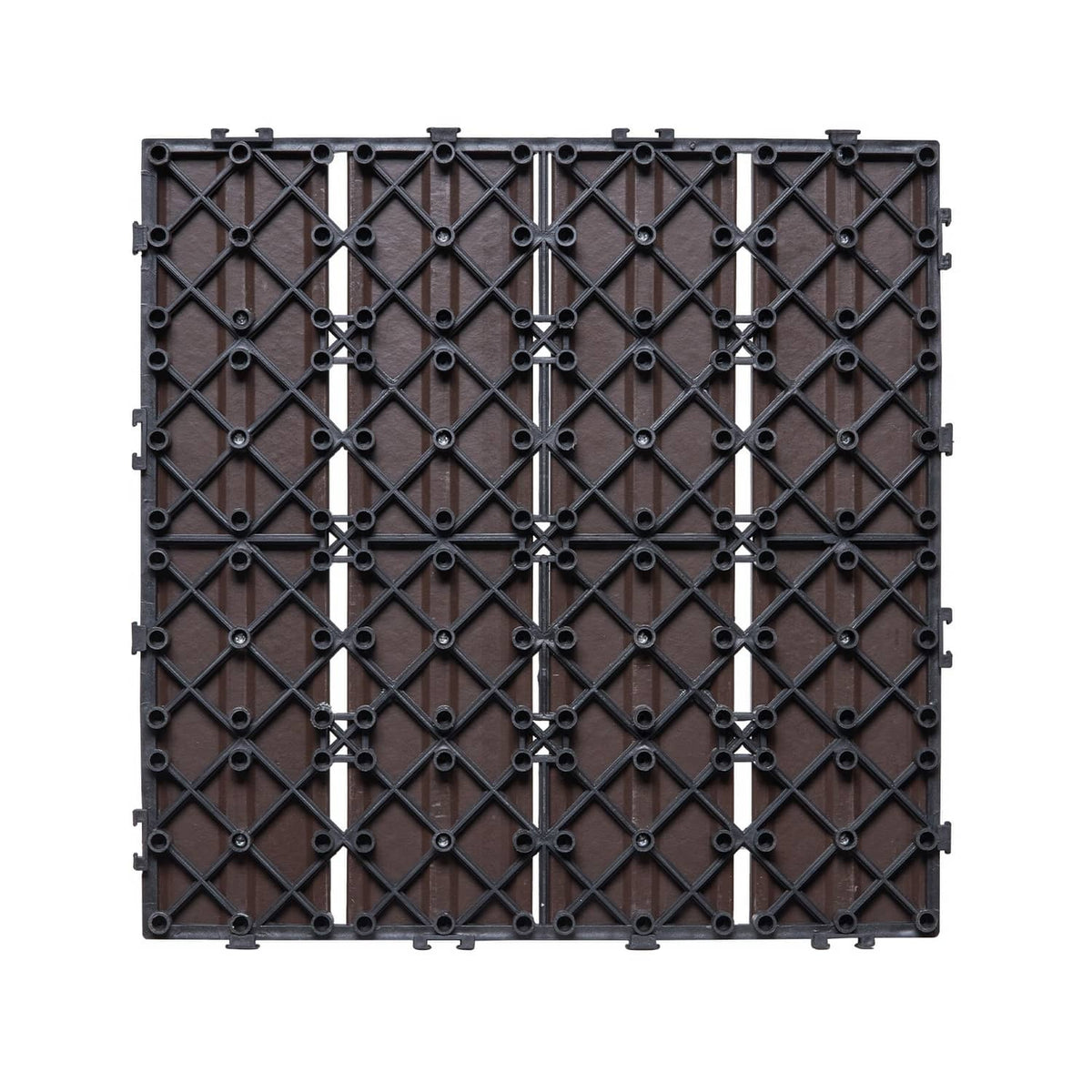 Dark brown interlocking deck tiles with diamond pattern underside connectors, 12x12 in