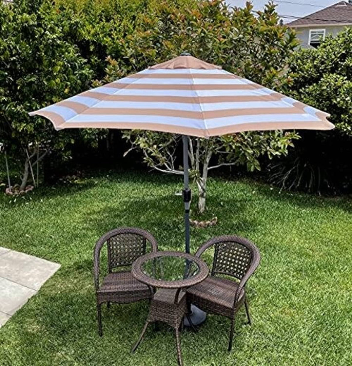 Umbrella replacement canopy with tan and white stripes, open dome top