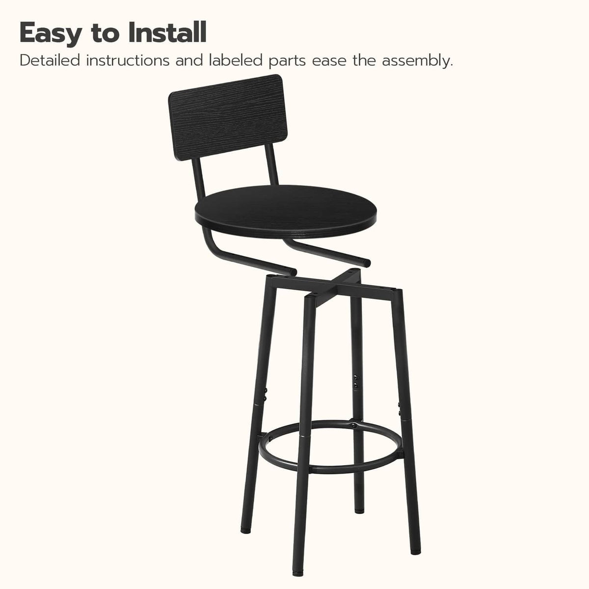 Black bar stool with curved backrest, round seat, and circular footrest