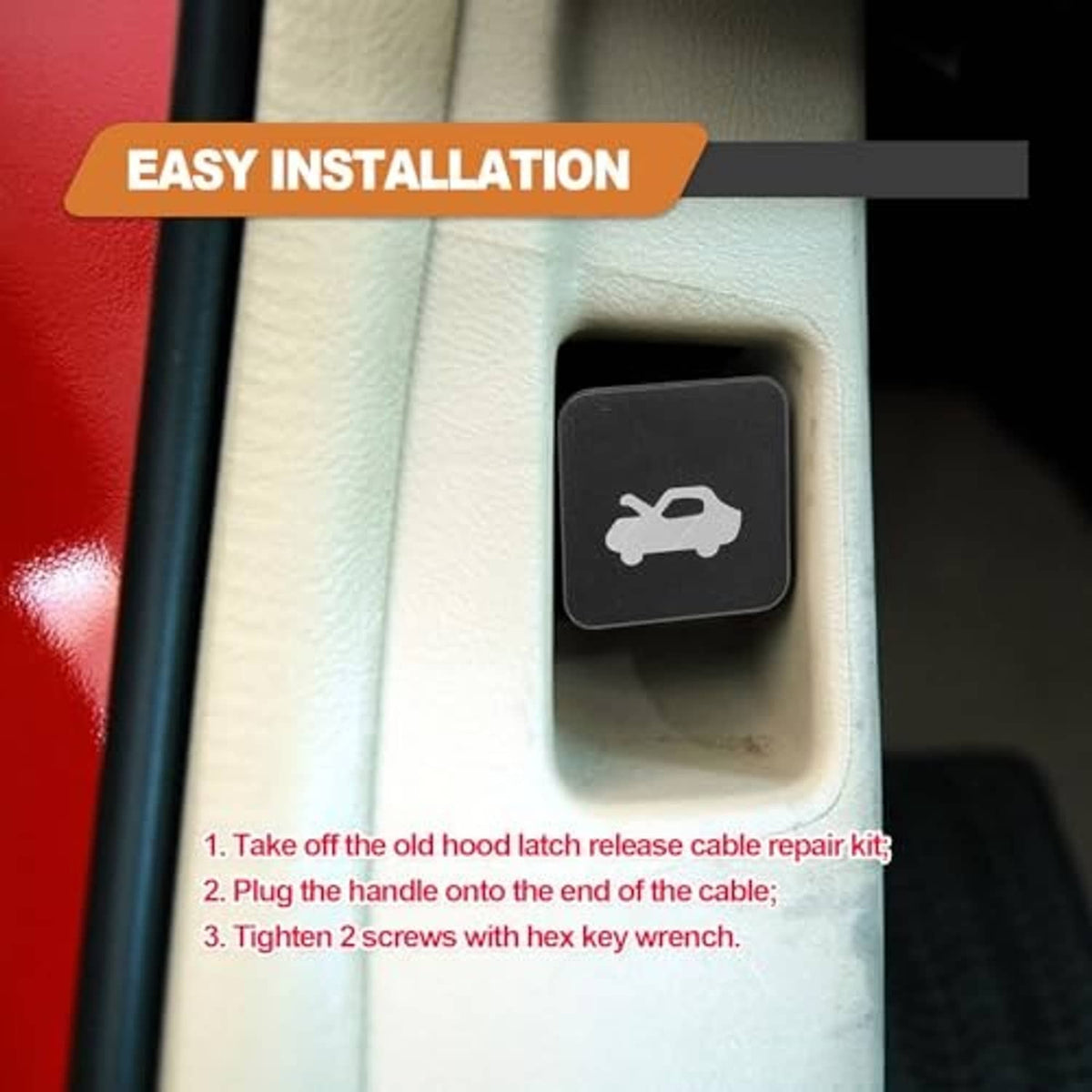 Black hood latch release button installed on a car interior panel with wrench icon.