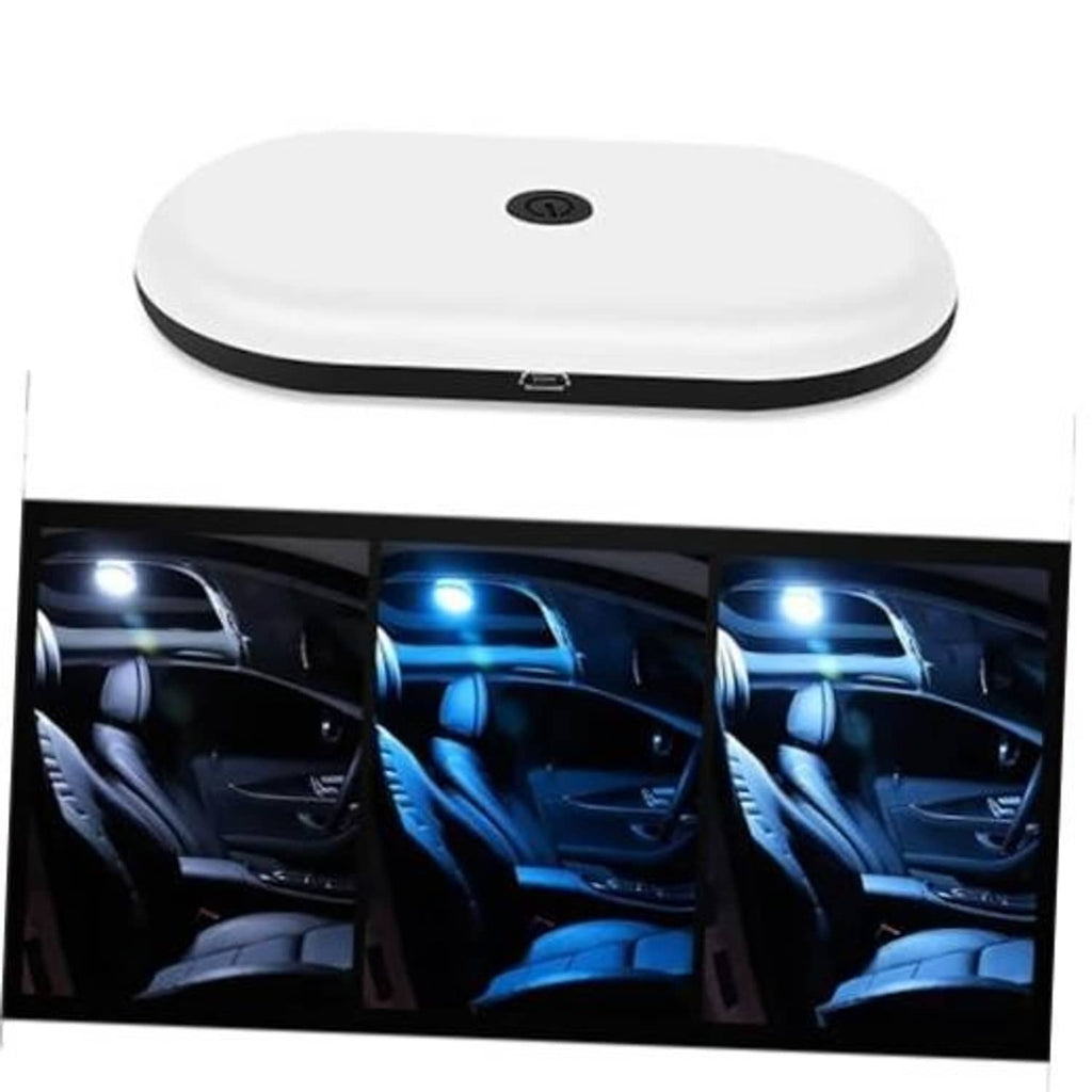 Rechargeable car ceiling LED dome light, round white housing with black rim and USB port
