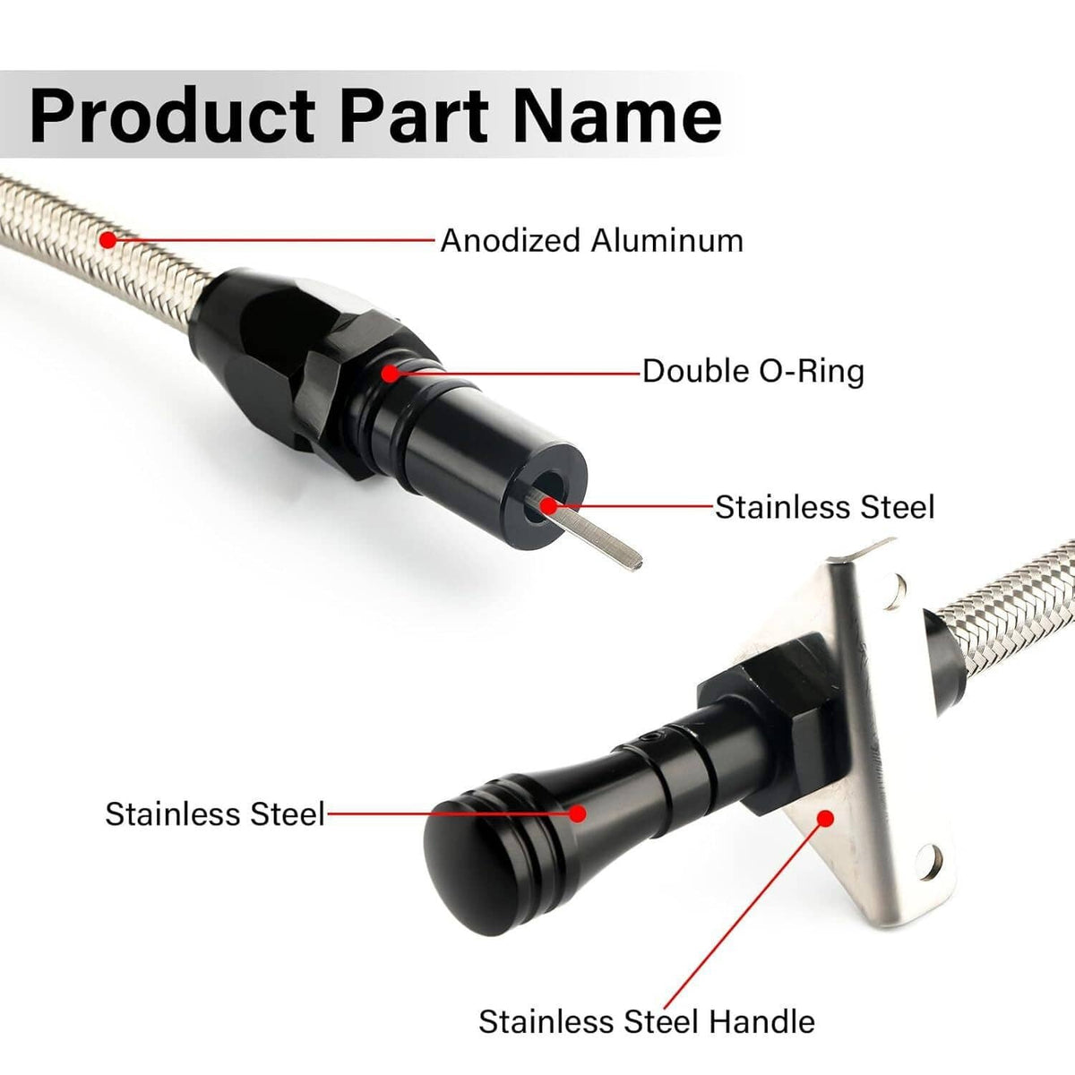 Braided stainless dipstick tube with black handle and probe, dual O-ring style seals
