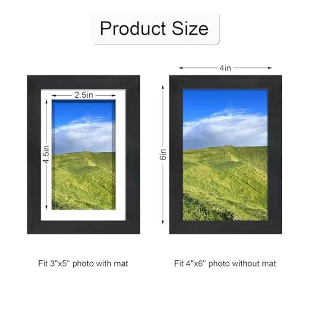 Black 4x6 photo frame size diagram showing inner fit for 4x5 with mat