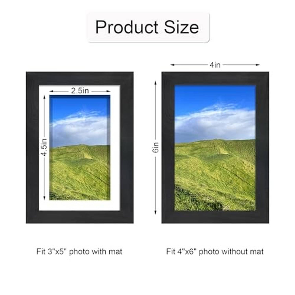 Black 4x6 photo frame size diagram showing inner fit for 4x5 with mat