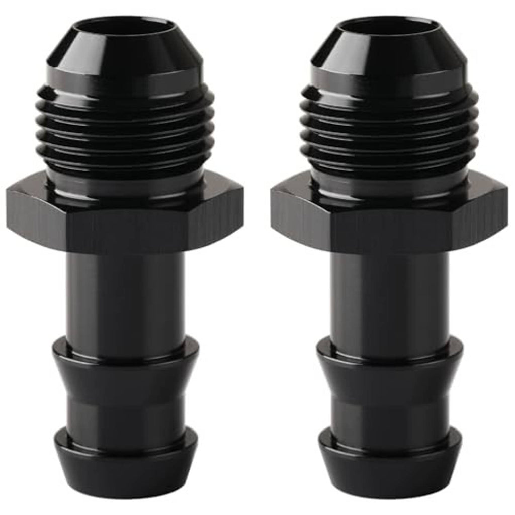 Black 8AN male flare-to-1/2 hose barb straight fittings with flared end and threads