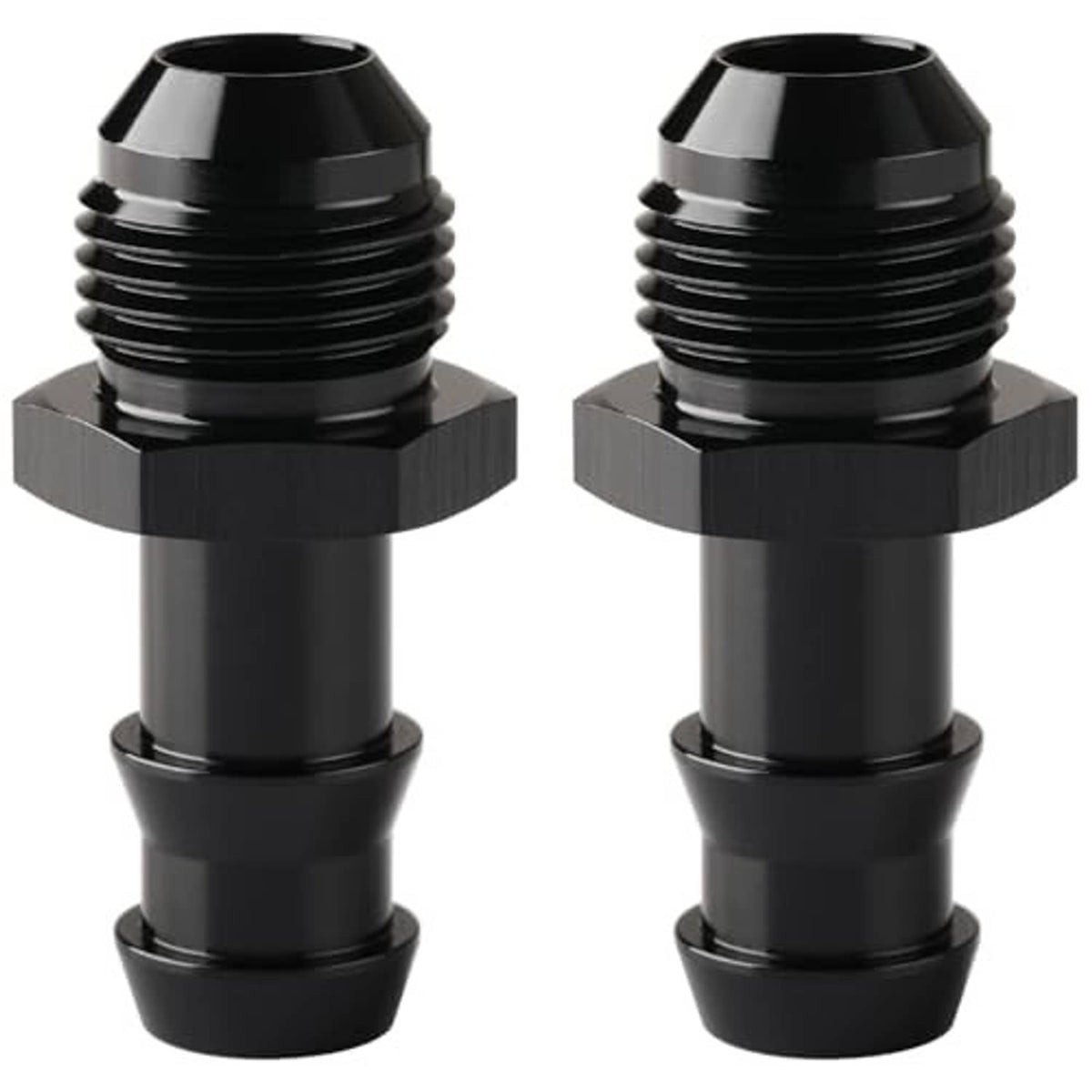 Black 8AN male flare-to-1/2 hose barb straight fittings with flared end and threads