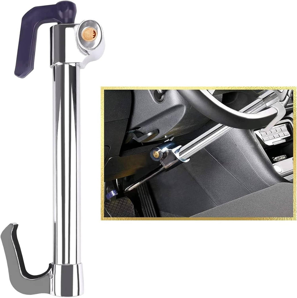 Universal steering wheel brake lock with retractable double hook, chrome frame, purple grip