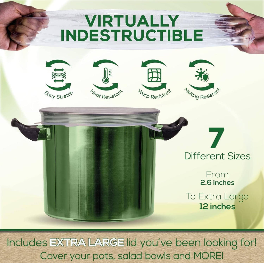 Stack of clear silicone stretch lids on a green pot with side handles