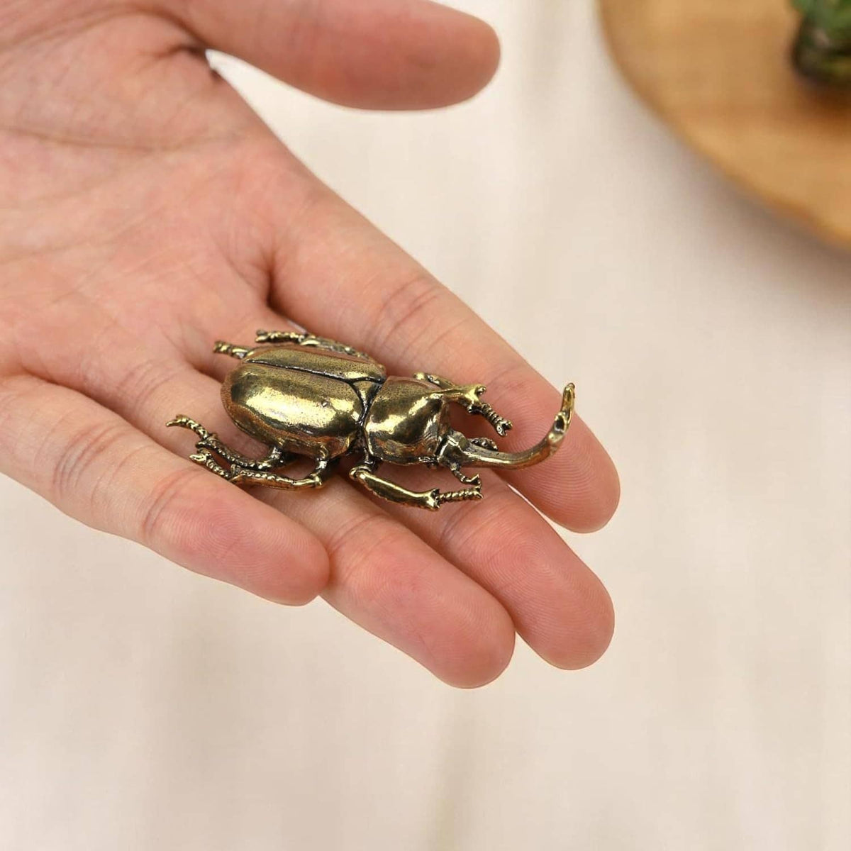 Brass beetle figurine ornament resting in an open palm, detailed wing texture
