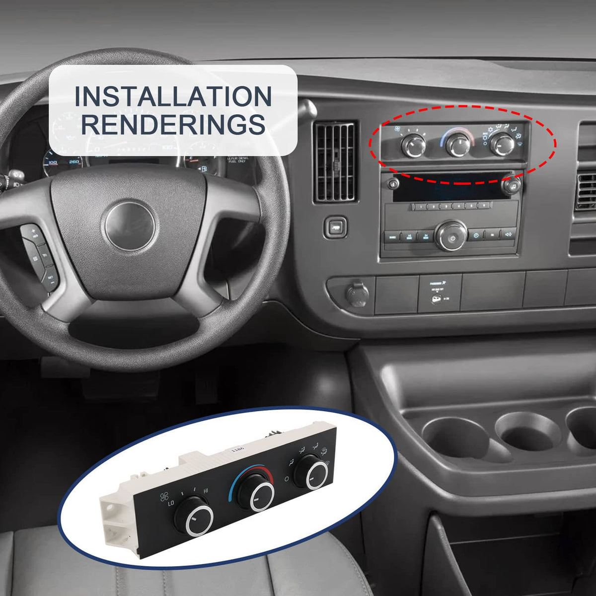 Dashboard installation view highlighting the climate control panel with three rotary knobs