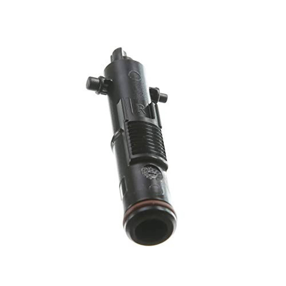 Headlight washer nozzle assembly, black plastic with threaded section and round nozzle