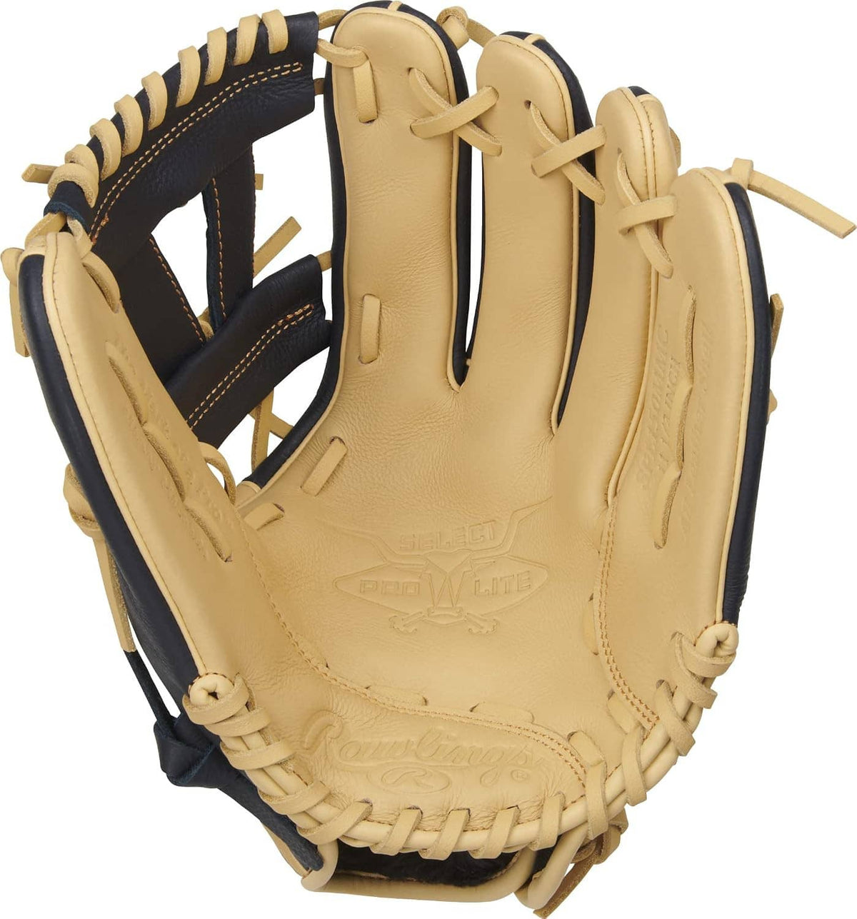 Youth baseball glove, tan leather with navy panels and basket weave web