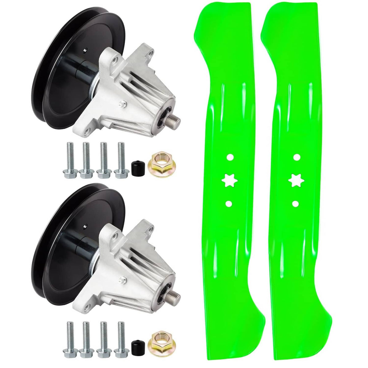 Lawn mower deck spindle blade rebuild kit with 2 spindles, green blades, bolts & nuts
