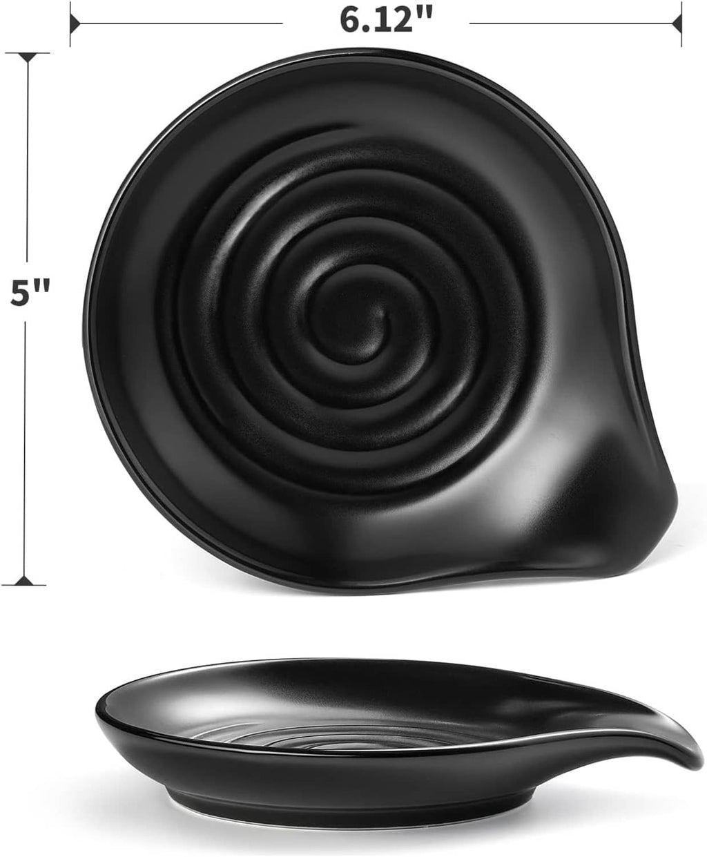 Black ceramic spoon rest with concentric swirl texture; 6.12 inch size shown