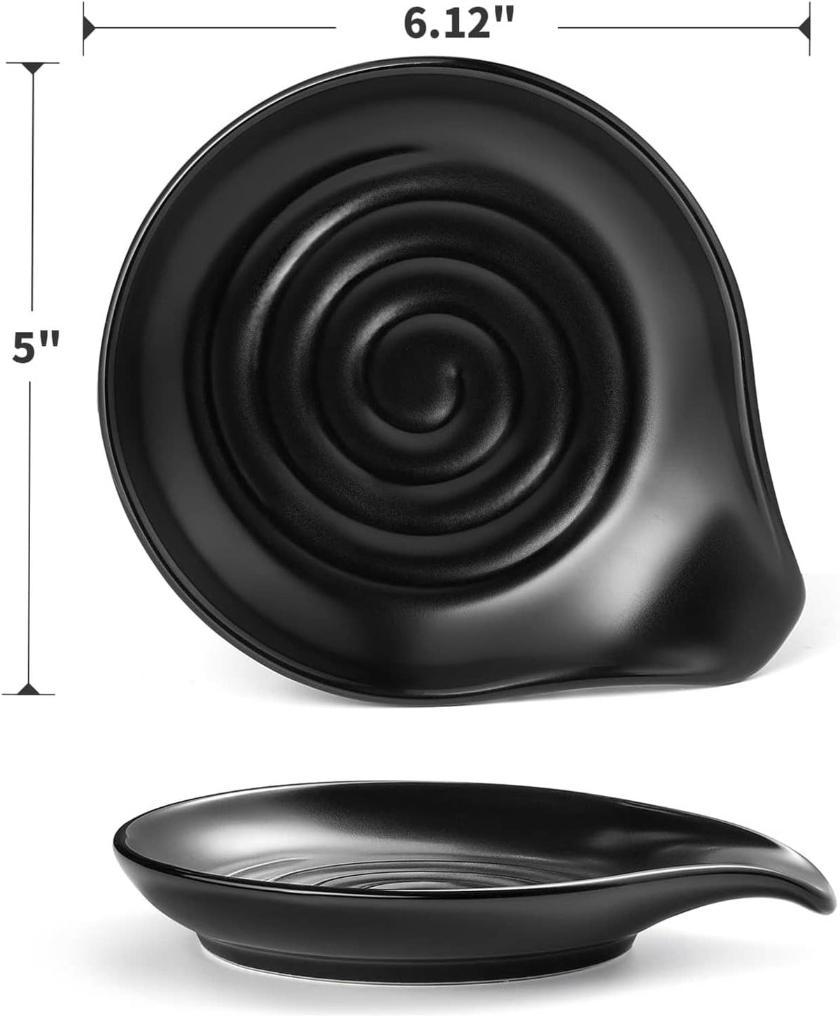 Black ceramic spoon rest with concentric swirl texture; 6.12 inch size shown