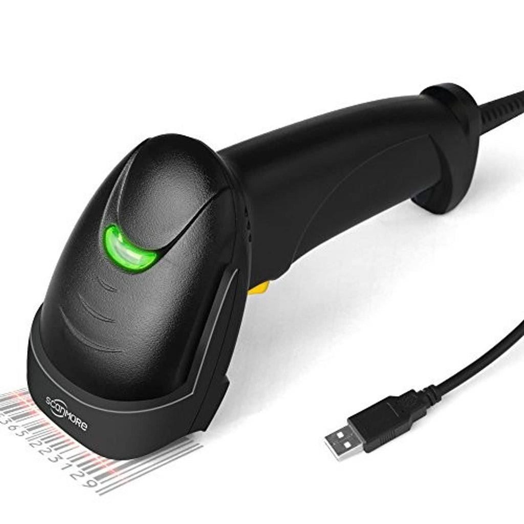 Wired handheld barcode scanner with USB cable connected, black body and green scan light