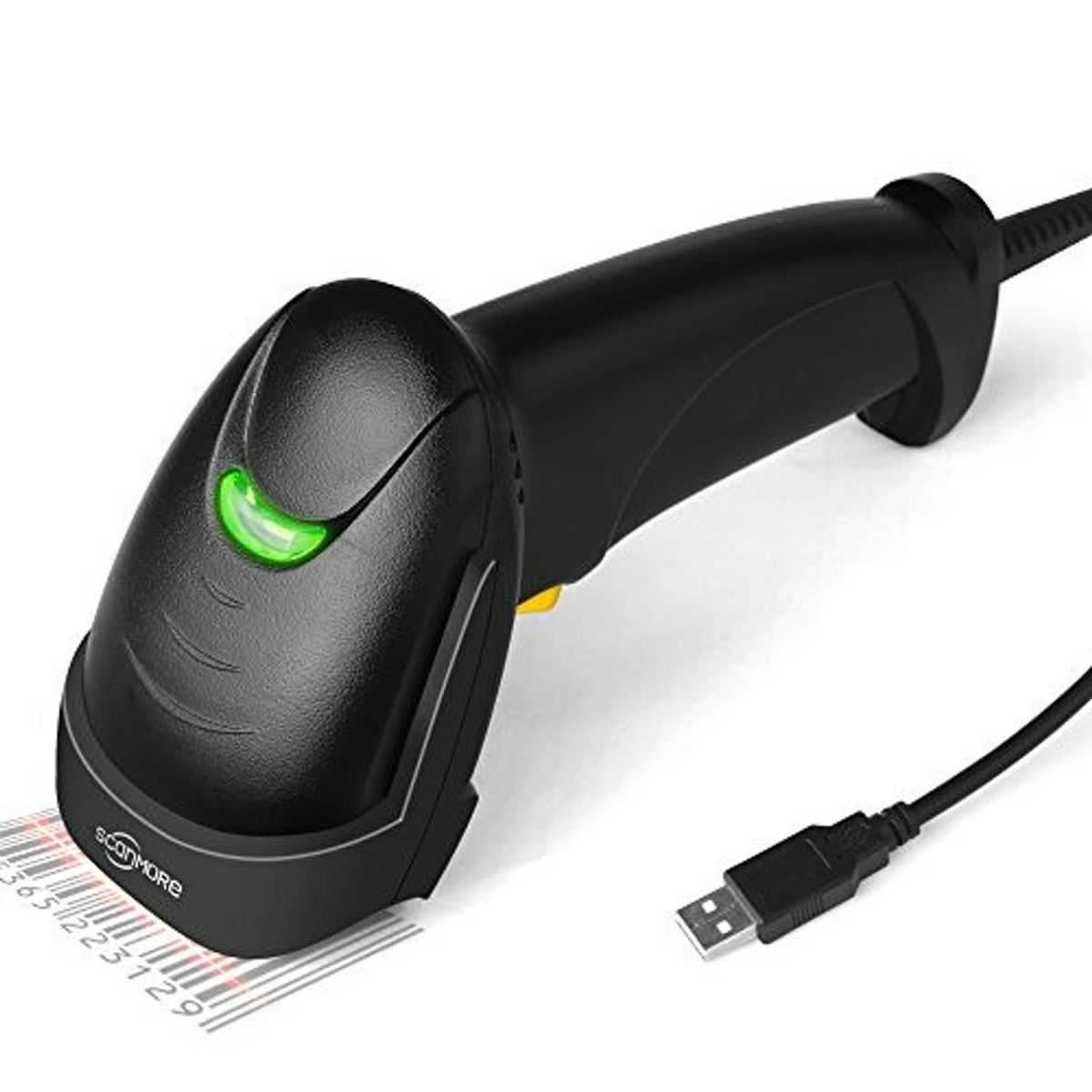 Wired handheld barcode scanner with USB cable connected, black body and green scan light