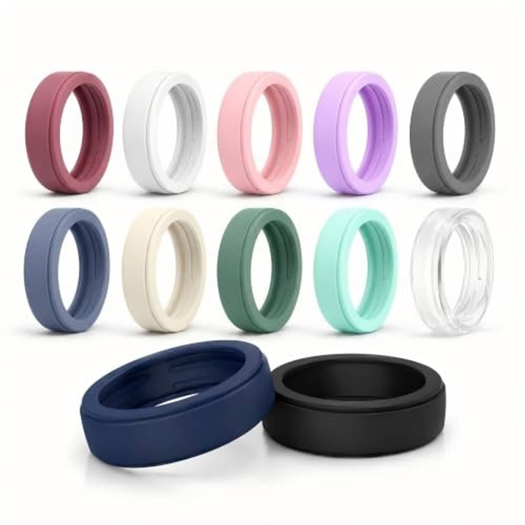Assorted silicone ring covers in multiple colors, including navy and black.