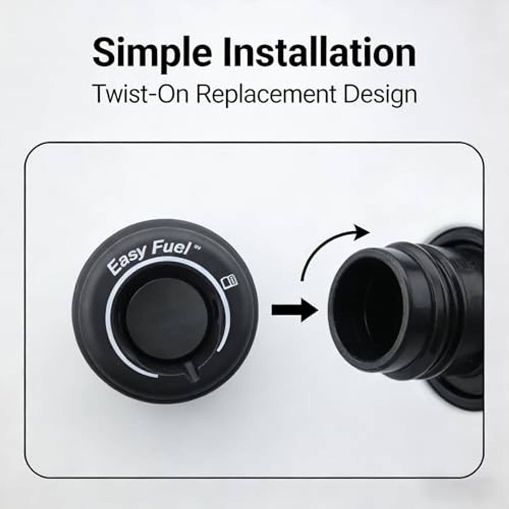 Twist-on fuel tank cap with black knob and rubbery spout, round fill opening
