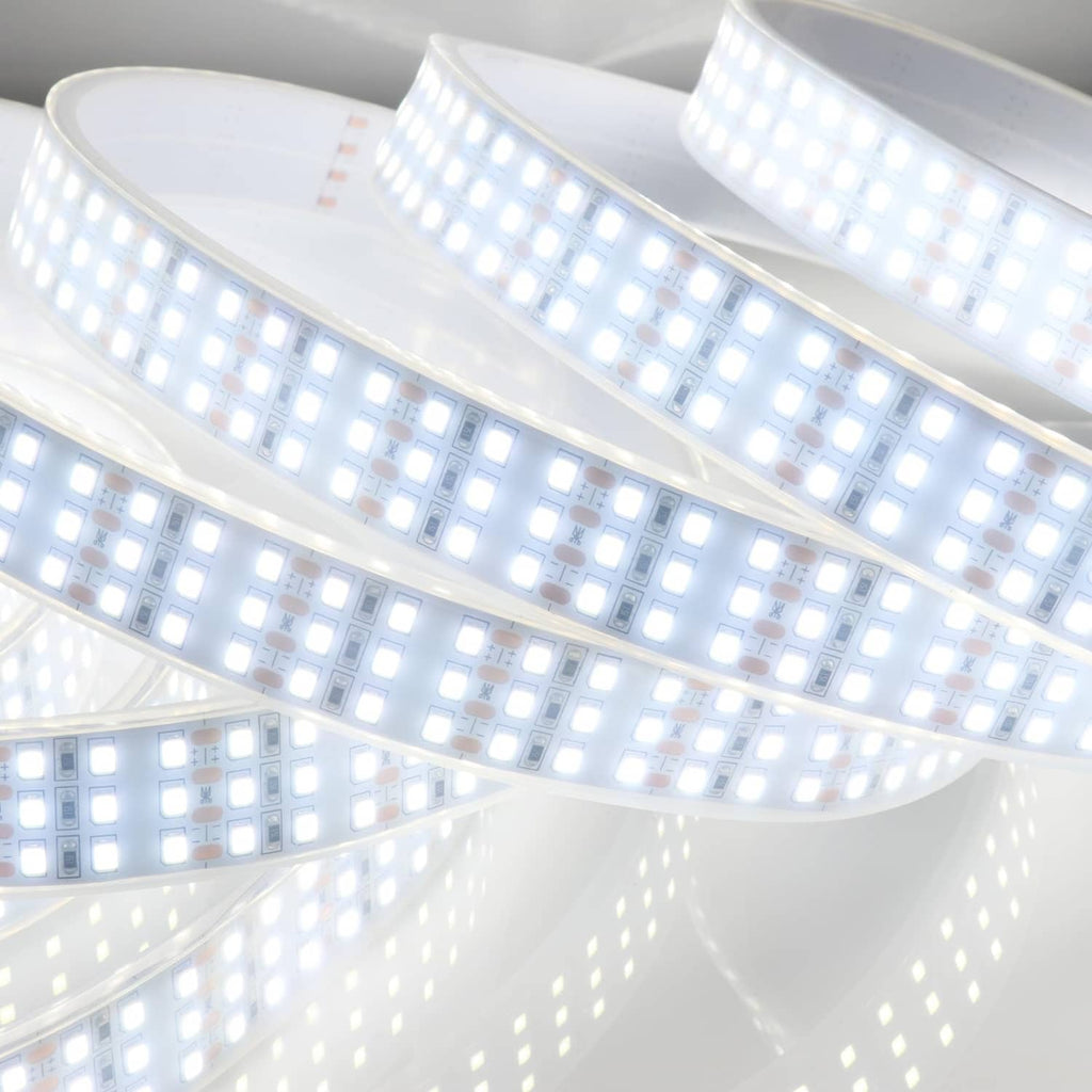 Close-up triple-row LED strip light with evenly spaced square LED modules