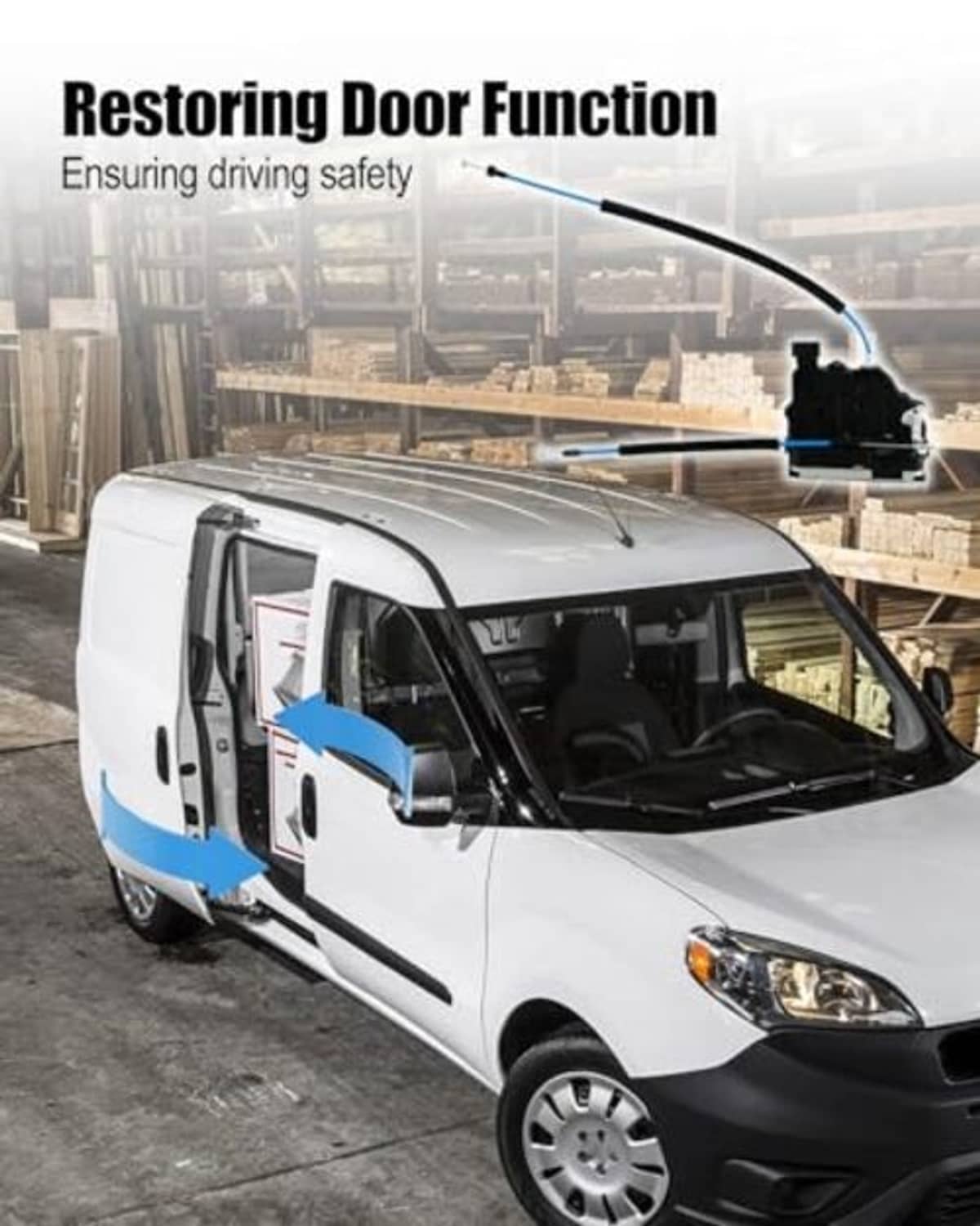 Door latch lock actuator with cables on vehicle door, black module with blue wires