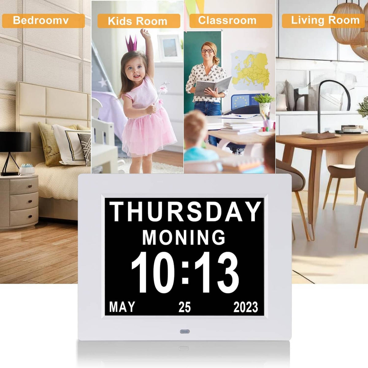 Large digital dementia clock showing THURSDAY MORNING 10:13 and date May 25 2023